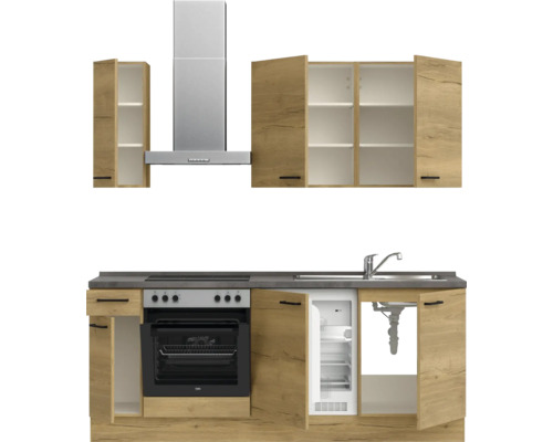 Küchenzeile mit Spüle, Herd, Backofen, Kühlschrank und Dunstabzugshaube