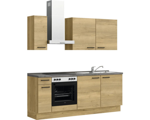 Küchenzeile mit Spüle, Herd, Backofen, Dunstabzugshaube und Hängeschränken