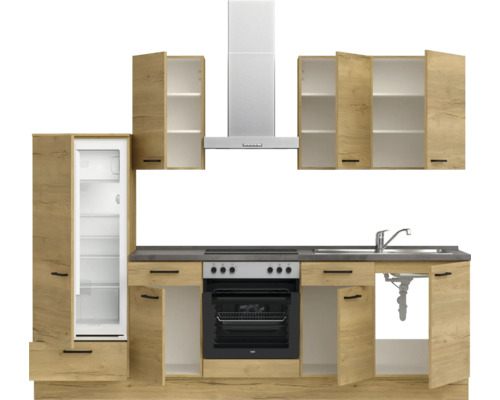 Küchenzeile mit Kühlschrank, Spüle, Herd, Backofen und Dunstabzugshaube