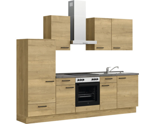 Komplette Küchenzeile mit Spüle, Herd, Dunstabzugshaube und Schränken