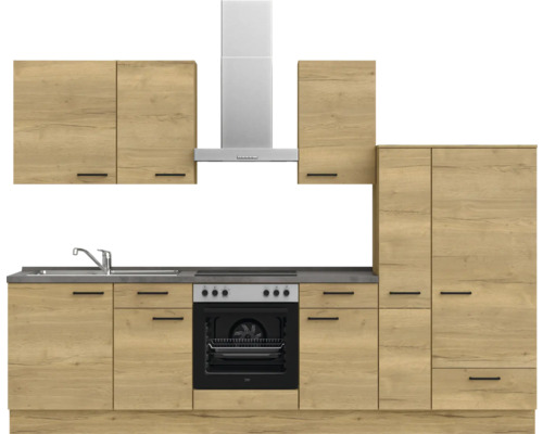 Küchenzeile mit Spüle, Kochfeld, Backofen, Dunstabzugshaube und Hängeschränken