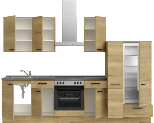 Komplette Küchenzeile mit Spüle, Herd, Dunstabzugshaube und Kühlschrank