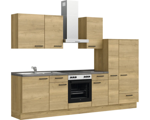 Komplette Küchenzeile mit Spüle, Herd, Dunstabzugshaube und Schränken