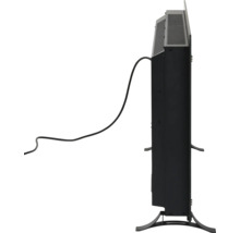 Seitenansicht einer elektrischen Heizung mit Standfüßen und Stromkabel.