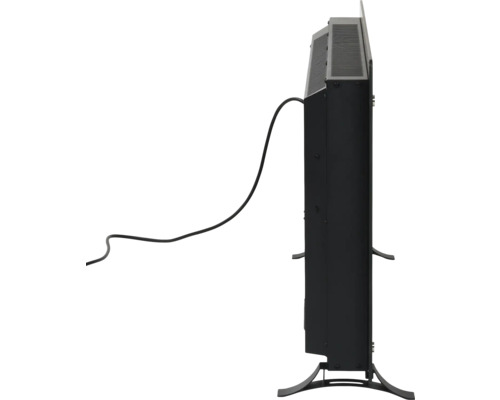 Seitenansicht eines elektrischen Kamins mit Standfüßen und Kabel