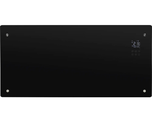 Schwarze Glasheizung mit digitaler Anzeige zur Temperaturregelung.