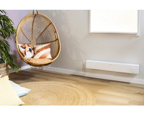 Wohnraum mit Rattansessel, Kissen, Teppich und Heizkörper