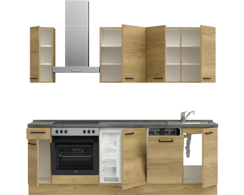 Küchenzeile mit Spüle, Herd, Dunstabzugshaube und Schränken