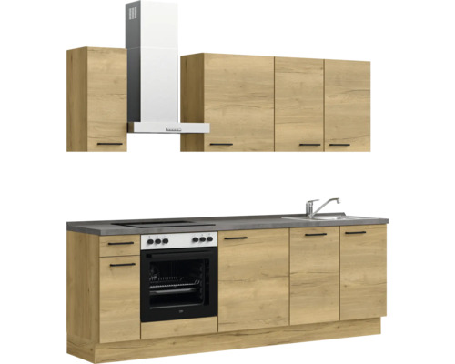 Komplette Küche mit Ober- und Unterschränken, Dunstabzugshaube, Spüle und Elektroherd