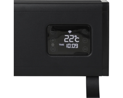 Nahaufnahme eines schwarzen Heizkörpers mit digitaler Anzeige.