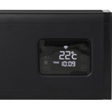 Schwarzer Thermostat mit digitaler Anzeige von Temperatur und Uhrzeit