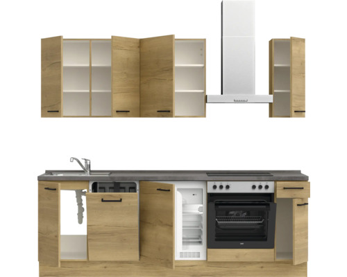 Komplette Küche mit Spüle, Kühlschrank, Backofen, Kochfeld, Dunstabzugshaube und Hängeschränken