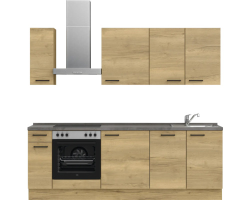 Küchenzeile mit Hängeschränken, Dunstabzugshaube, Spüle und Elektrogeräten