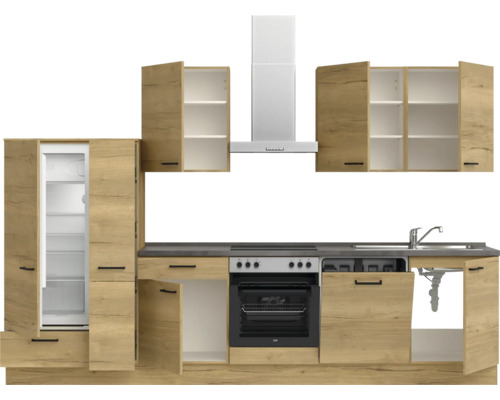 Komplette Küche mit Elektrogeräten, inklusive Kühlschrank, Herd, Dunstabzugshaube und Spüle.