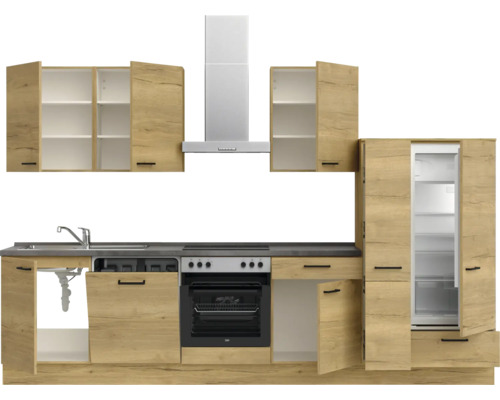 Küchenzeile mit Spüle, Herd, Dunstabzugshaube und Kühlschrank