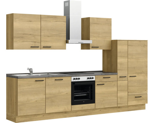 Küchenzeile mit Spüle, Kochfeld, Backofen, Dunstabzugshaube und Hängeschränken