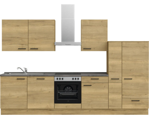 Komplette Küchenzeile mit Spüle, Herd, Dunstabzugshaube und Schränken