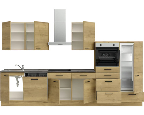 Komplette Küche mit Spüle, Geschirrspüler, Herd, Backofen, Kühlschrank und Dunstabzugshaube