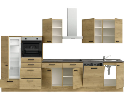 Komplette Küche mit Kühlschrank, Backofen, Dunstabzugshaube, Spülbecken und Schränken