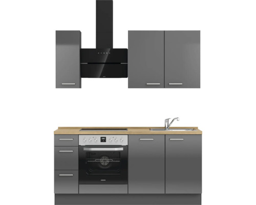 Komplette graue Küche mit Dunstabzugshaube, Spüle und Backofen