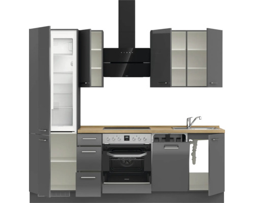 Komplette Küche mit Schränken, Dunstabzugshaube, Spüle, Kühlschrank und Backofen