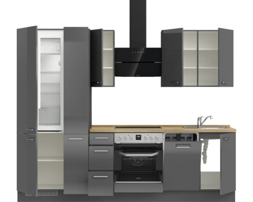 Komplette Küche mit Kühlschrank, Dunstabzugshaube, Backofen und Spüle