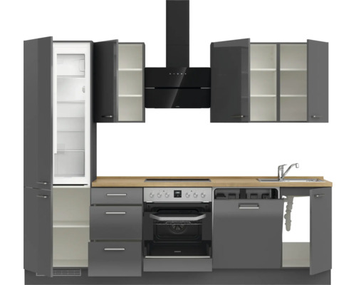 Küchenzeile mit Kühlschrank, Dunstabzugshaube, Herd, Spüle und Schränken.