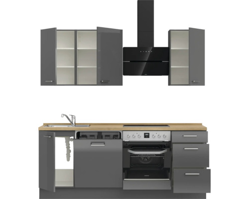 Komplette Küchenzeile mit Spüle, Herd, Dunstabzugshaube und Schränken