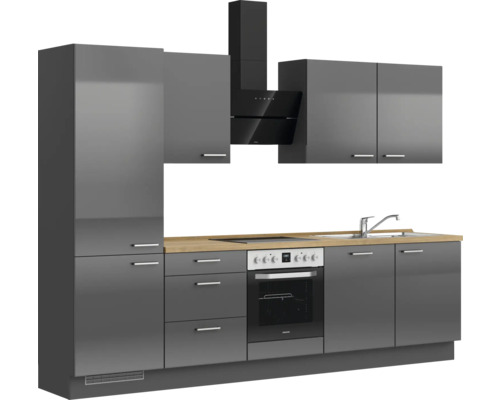 Komplette Küche mit Schränken, Spüle, Kochfeld und Dunstabzugshaube