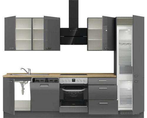 Komplette Küche mit Spüle, Geschirrspüler, Herd, Ofen, Dunstabzugshaube, Kühlschrank und Schränken