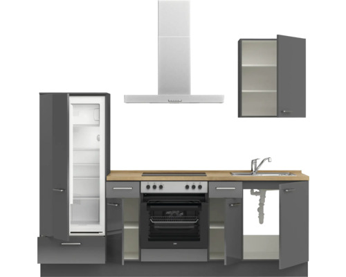 Küchenzeile mit Kühlschrank, Herd, Spüle und Dunstabzugshaube