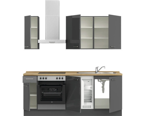 Komplette Küche mit Spüle, Herd, Ofen, Dunstabzugshaube, Kühl-Gefrierkombination und Schränken