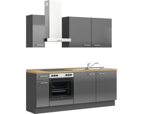 Komplette Küchenzeile mit Hängeschränken, Dunstabzugshaube, Spüle und Elektrogeräten