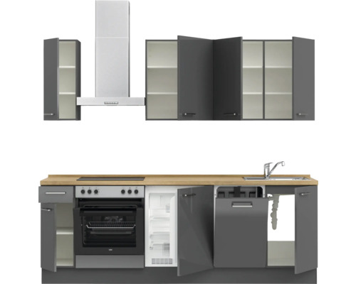 Komplette Küchenzeile mit Spüle, Kochfeld, Backofen, Dunstabzugshaube und Hängeschränken