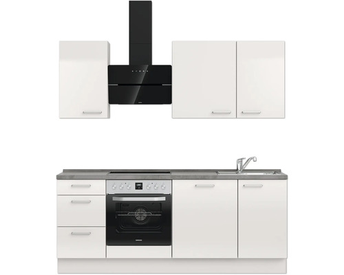 Küchenzeile mit Hängeschränken, Dunstabzugshaube, Spüle und Einbauherd