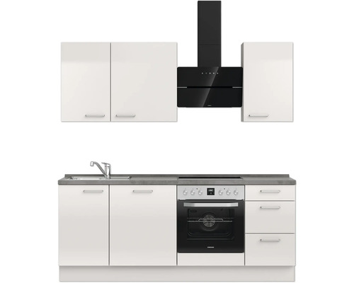 Küchenzeile mit Spüle, Herd, Backofen, Dunstabzugshaube und Schränken