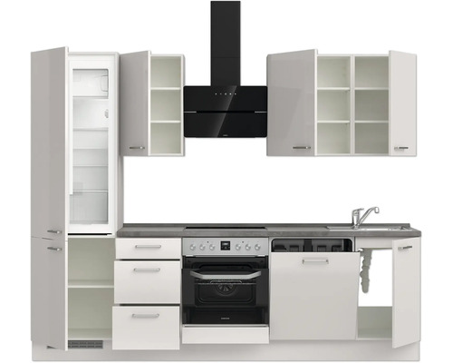 Komplette Küche mit Kühlschrank, Herd, Spüle und Dunstabzugshaube