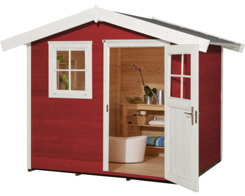 Holzgartenhaus mit Fenster und offener Tür