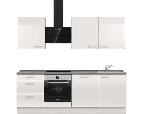 Küchenzeile mit Spüle, Herd, Backofen, Dunstabzugshaube und Schränken