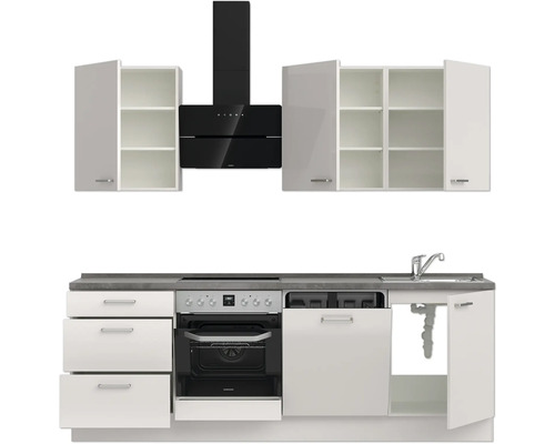 Komplette Küchenzeile mit Ober- und Unterschränken, Spüle, Herd und Dunstabzugshaube
