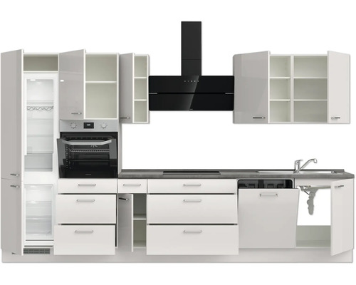 Moderne Küchenzeile mit Einbaugeräten, Hängeschränken und Schubladen