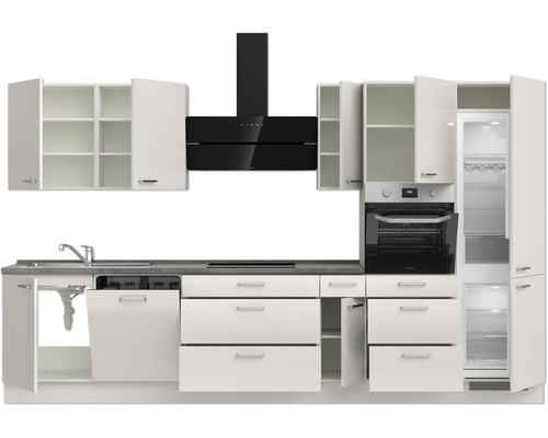 Komplette weiße Küche mit Spüle, Geschirrspüler, Herd, Dunstabzugshaube, Backofen und Kühlschrank