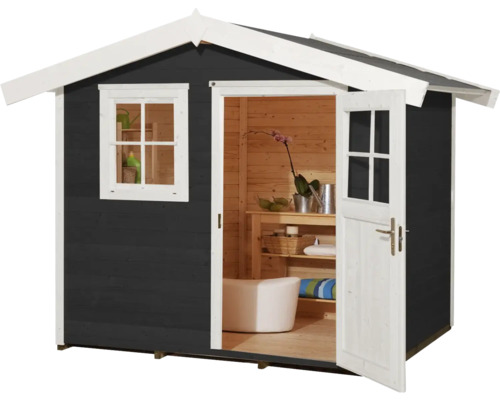 Gartenhaus mit geöffneter Tür und Fenster zur Seite
