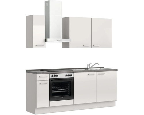 Komplette Küchenzeile mit Spüle, Herd, Backofen, Dunstabzugshaube und Schränken