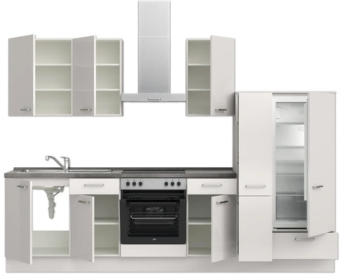Komplette Küche mit Hänge-, Unter- und Kühlschrank, Spüle, Herd und Dunstabzugshaube