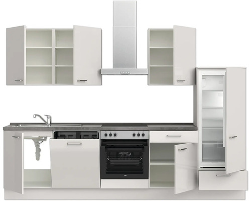 Komplette weiße Küchenzeile mit Spüle, Geschirrspüler, Herd, Dunstabzugshaube und Kühlschrank