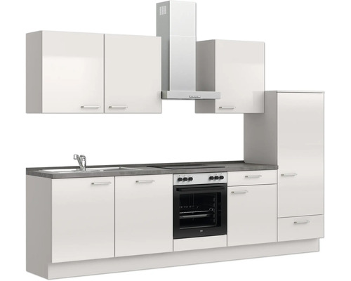 Küchenzeile mit Spüle, Kochfeld, Backofen, Dunstabzugshaube und Hochschränken