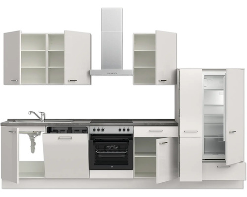 Komplette Küche mit Spüle, Geschirrspüler, Herd, Dunstabzugshaube, Hängeschränken und Kühlschrank