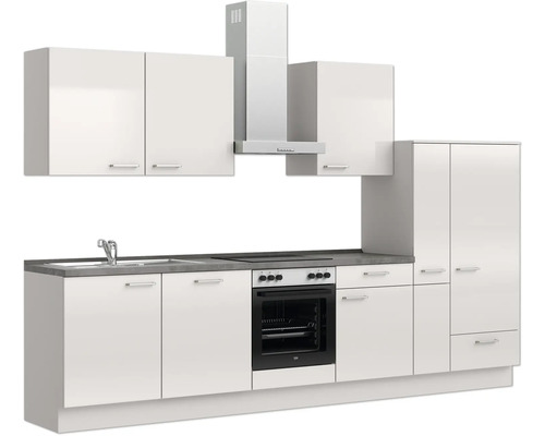 Moderne Küche mit weißen Schränken, Dunstabzugshaube und integriertem Ofen.