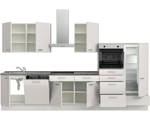 Komplette Küche mit Spüle, Geschirrspüler, Kochfeld, Backofen, Dunstabzugshaube und Kühlschrank